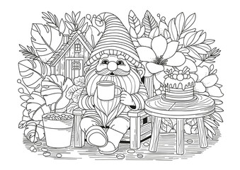 A cute gnome sits on a chair in his garden, drinking coffee. This coloring page is for kids and adults. Black and white illustration for coloring.