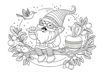 Naklejka premium A cute gnome sits on an apple tree branch and brushes his teeth. This coloring page is for children and adults. Black and white illustration for coloring.