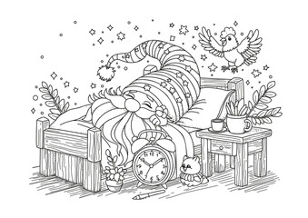 A cute gnome sleeps in bed under a blanket. An alarm clock stands on the floor nearby, and a rooster tries to wake him up. Coloring page for children and adults. Illustration for coloring.