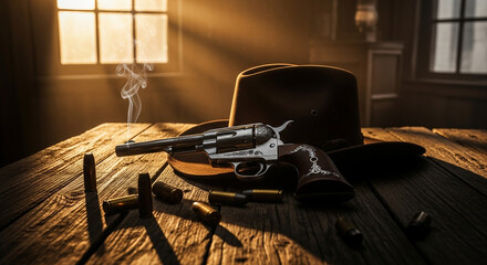 Vintage western scene with revolver, hat, and bullets on a wooden table
