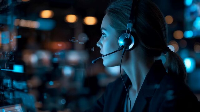 Woman with headset monitoring multiple glowing screens in dark control room at night