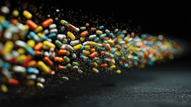 Dynamic Wave of Colorful Capsules in Motion Illustrating Energy and Vitality in Healthcare - Powered by Adobe