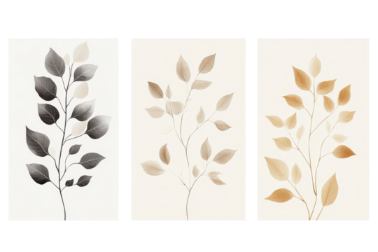 Watercolor botanical branches with leaves isolated on transparent background. Realistic watercolor painted botanical branches with textured leaves isolated on white background.