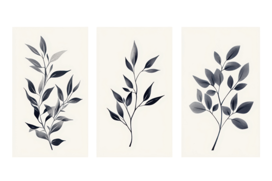 Watercolor botanical branches with leaves isolated on transparent background. Realistic watercolor painted botanical branches with textured leaves isolated on white background.