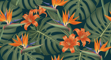 Seamless pattern with tropical leaves and flowers in dark green color