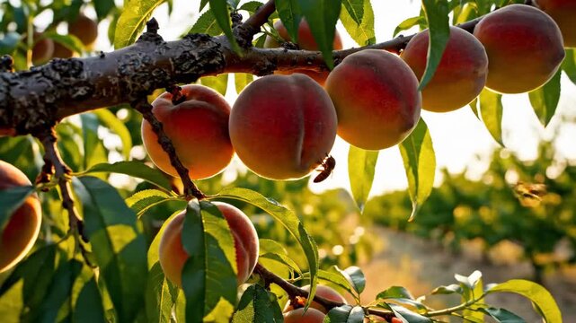 Ripe, fuzzy peaches hanging on a sunlit branch in an orchard, ready for harvest, symbolizing fresh fruit and natural abundance.