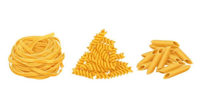 Three piles of uncooked pasta shapes on black isolated on a transparent background fettuccine fusilli