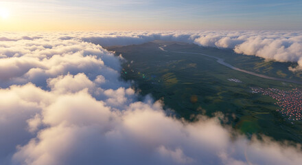 Breathtaking aerial view of cumulus clouds over green landscape at dawn or dusk