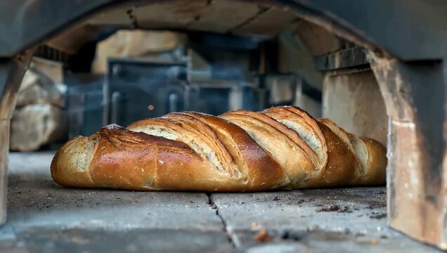 Bread loaf baking inside a rustic oven with golden crust and scored top