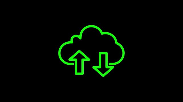 Digital technology for data transfer, cloud computing, backup, and online storage concept animation with black background.