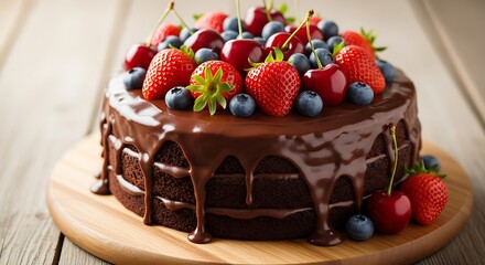 A rich chocolate layer cake topped with glossy chocolate ganache, fresh strawberries, blueberries, and cherries, placed on a rustic wooden surface