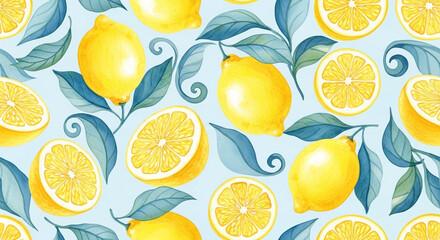Seamless pattern of fresh lemons with leaves on a light blue background
