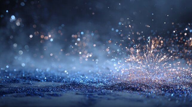 Ethereal blue and copper glitter particles dancing in soft focus, creating a mesmerizing abstract landscape of shimmering light and texture