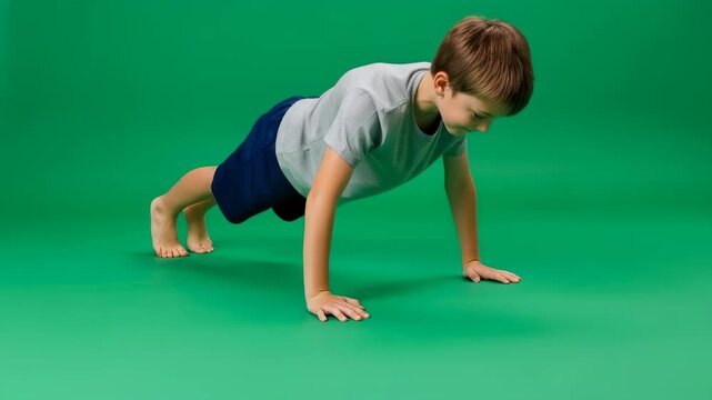 Boy doing push up exercise on green background. Child doing home workout for strength and fitness. Animation for chromakey composite.