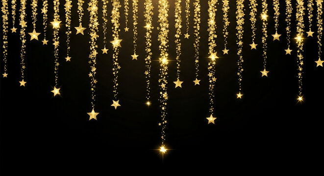 Elegant golden stars and glitter chains falling on black background template