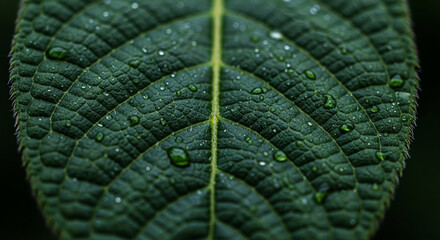 Close up of a green leaf with water droplets on its surface in nature
