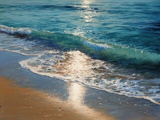 Ocean Wave Crashing on Sandy Shoreline, Sunlight Reflection on Water Surface, Beach Scenery, Coastal Landscape, Nature Beauty, Seascape Painting Style
