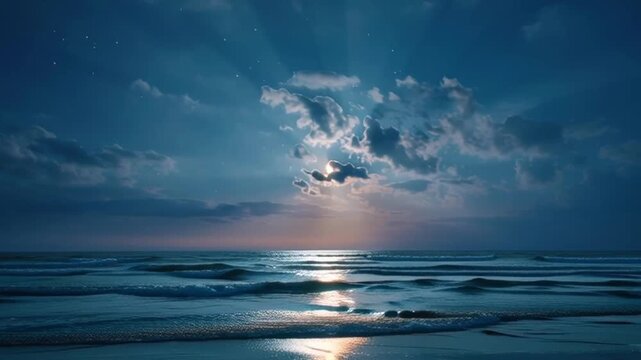 Quiet night sea under full moon, gentle waves shimmering with silver light, clouds drifting slowly, reflection of the moon on water, serene and dreamy atmosphere, soft blue palette, cinematic lighting
