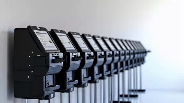 A closeup view of a row of automated teller machines with digital displays. The machines are black with white and green accents, and they are lined up in a row.