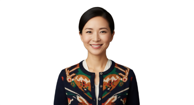 Smiling 39-45-year-old East Asian woman, antique shop owner, vintage cardigan, isolated on transparent background. Ideal for business, entrepreneurship, retail, e-commerce, financial services,