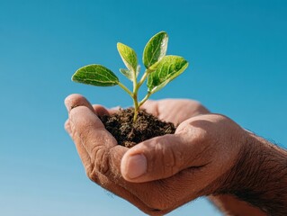 Adult hands gently cradling tiny vibrant green plant with rich dark soil against brilliant azure sky symbol of new beginnings environmental stewardship
