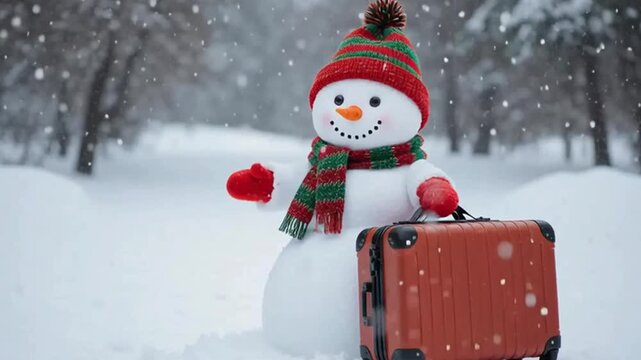 Snowman wearing a hat and mittens, holding a suitcase, making a hand gesture to signal a car to stop, captured in a playful, winter scene.