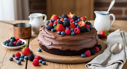 A homemade chocolate cake with thick chocolate frosting and mixed berries on top, placed on a wooden table with rustic atmosphere