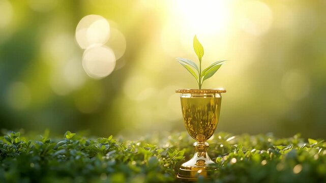Golden trophy cup with green plant sprout growing inside under bright sunlight bokeh