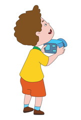 Smiling Kid Holding a Bright Blue Camera