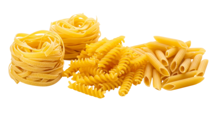 Assorted dry pasta shapes including fettuccine nests fusilli... isolated on a transparent background