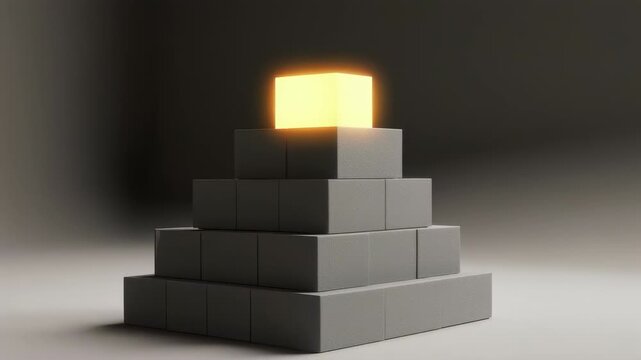 Abstract Geometric Structure with Glowing Yellow Cubes on Gray Background Minimalist Design