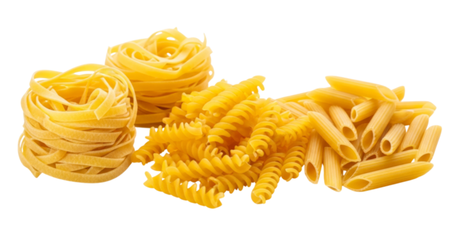 Assorted dry pasta shapes including fettuccine nests fusilli... isolated on a transparent background