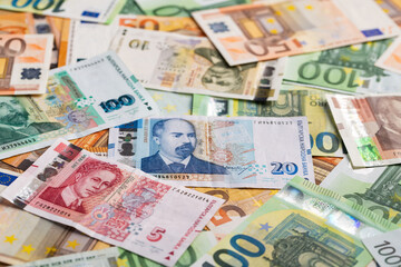 Bulgarian Leva and Euro Banknotes Scattered Full Frame Background