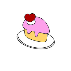 A pink cake with a heart on top and a cherry on the side