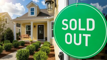 Charming yellow house with a 'Sold Out' sign on the door, signifying successful real estate transactions and happy homeowners celebrating dreams fulfilled.