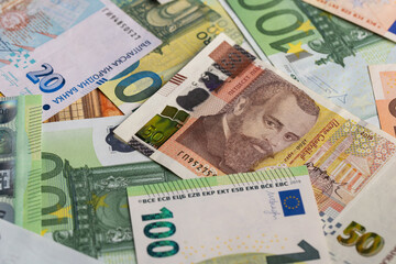 Bulgarian Leva and Euro Banknotes Scattered Full Frame Background