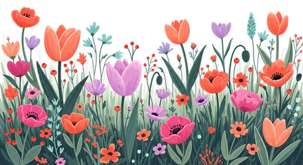 Cheerful floral border with colorful tulips, poppies, and wildflowers