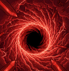 Surreal Red Vortex Portal with Crystals and Lightning Energy