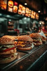 Intérieur de restaurant de restauration rapide moderne avec comptoir, enseigne lumineuse et cuisine professionnelle en inox