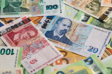 Bulgarian Leva and Euro Banknotes Scattered Full Frame Background