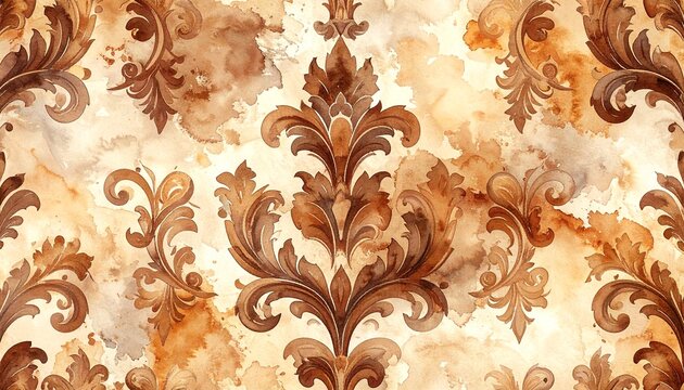 Watercolor pattern illustrating brown vintage pattern with decorative flourish scrollwork ornament, vintage watercolor illustration