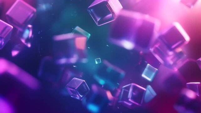Abstract 3D background with floating transparent cubes in blue and pink light creating a futuristic motion scene.