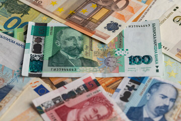 Bulgarian Leva and Euro Banknotes Scattered Full Frame Background