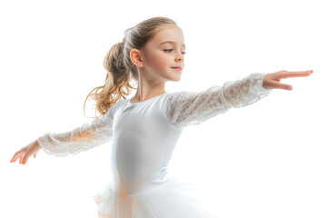 Young ballet dancer in white dress performing a graceful pose isolated on transparent background. Graceful young ballet dancer in white tutu in dynamic pose isolated on white background.