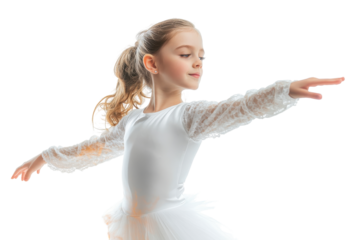 Young ballet dancer in white dress performing a graceful pose isolated on transparent background. Graceful young ballet dancer in white tutu in dynamic pose isolated on white background.