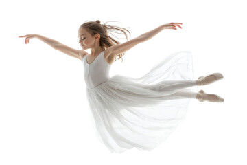 Young ballet dancer in white dress performing a graceful pose isolated on transparent background. Graceful young ballet dancer in white tutu in dynamic pose isolated on white background.
