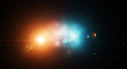 Space background with blue and orange light flares and stars in the dark