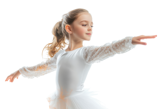 Young ballet dancer in white dress performing a graceful pose isolated on transparent background. Graceful young ballet dancer in white tutu in dynamic pose isolated on white background.