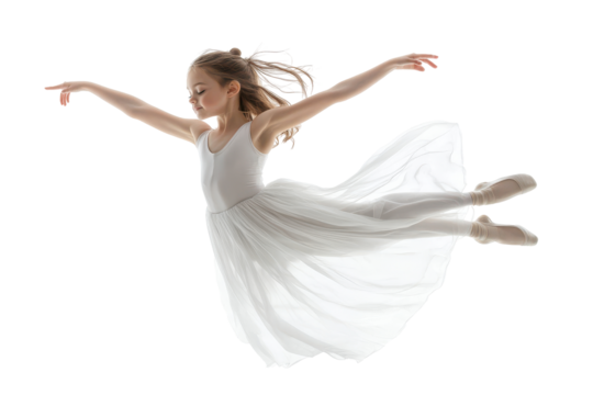 Young ballet dancer in white dress performing a graceful pose isolated on transparent background. Graceful young ballet dancer in white tutu in dynamic pose isolated on white background.