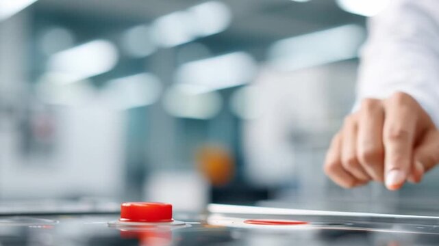 Person in a white lab coat pressing a red button on a control panel in a modern laboratory, representing precision, technology, and controlled scientific operation.